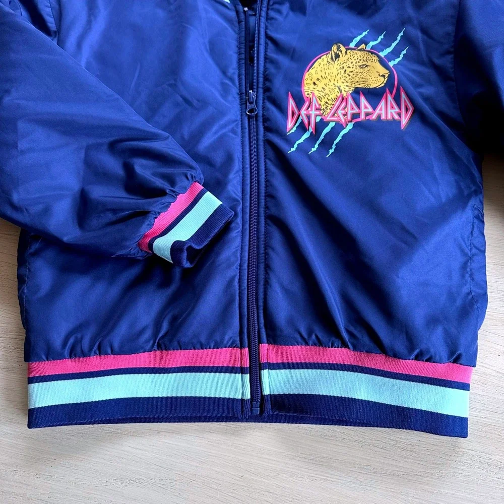 Kids Navy Blue/Purple Def Leppard 1980's Rock Paw Print Bomber Jacket Size 10 12